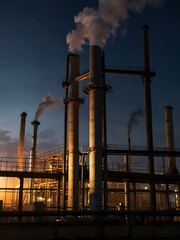 Wall Mural - Industrial scene with vapor and illuminated pipes.