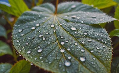 Poster - Leaf with water droplets on it. The droplets are small and scattered. The leaf is green in color