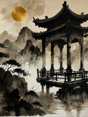 Wall Mural - Ink wash painting in new Chinese style with golden accents.