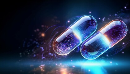 Wall Mural - floating capsules with inner glow and swirling particles holographic futuristic medicine concept ult