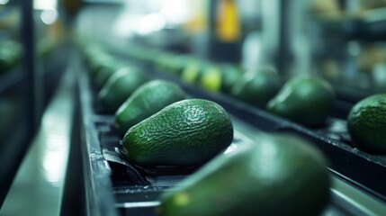 Aufkleber - Avocados move along a conveyor belt in a juice production facility during daylight. Workers are preparing the fruit for juicing, highlighting the efficiency of the operation and fresh ingredients.