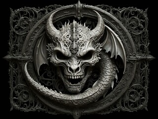 Wall Mural - Intricate black-and-white fantasy dragon with gothic frame and skull details.