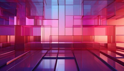 Wall Mural - 3d render abstract geometric background translucent glass with pink red violet gradient simple squar