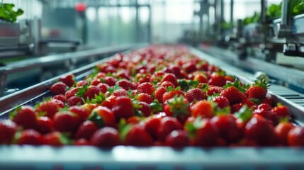 Aufkleber - Bright red strawberries are being sorted and prepared for juice production in a high-tech processing facility. The vibrant fruit flows along a conveyor belt, showcasing efficiency and freshness.