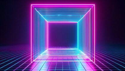 Wall Mural - 3d render abstract vibrant neon background square linear glowing frame inside empty room virtual cyb