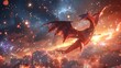 © hazia - Fiery red dragon soaring through a vibrant, cosmic fireworks display.