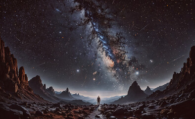 Wall Mural - Person is standing in the middle of a desert. The sky is dark and filled with stars
