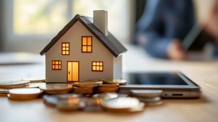 Aufkleber - A model house with a lit interior sits atop stacks of coins near a smartphone, representing real estate investment. This setting highlights financial planning and market analysis in the industry.