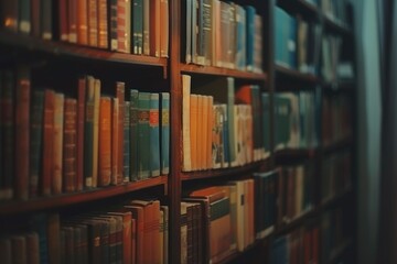 Wall Mural - Bookshelf with many books  blurred background  space for text.