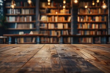 Wall Mural - Product display on modern library background with empty wooden table.