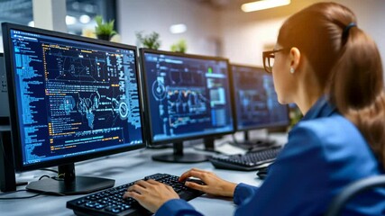 Focused programmer analyzing code on multiscreen setup in modern office environment