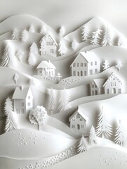 Poster - A beautiful paper-cut Christmas village showcases charming houses nestled among rolling hills and frosted trees, perfect for holiday decor. Generative AI