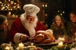 © Maelgoa - Santa Claus carving a turkey at a holiday feast table, wearing a chef's hat, surrounded by smiling elves, cozy room, flickering candles, close-up 1