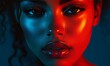 © Valentyna - A close-up portrait of a woman with blue and red lighting highlighting her face
