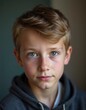 © Julija - A young boy from Russia gazes directly at the viewer with captivating grey eyes. His tousled hair frames his face, and he wears a cozy casual clothes. Rosy cheeks, piercing serious look. Generative AI