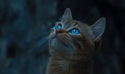  A close-up of a cat with bright blue eyes, gazing upwards against a dark background