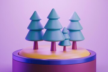 Aufkleber - Stylized 3D render of four miniature teal Christmas trees on a yellow and purple platform