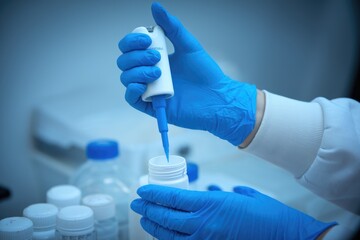 Aufkleber - Scientist in blue gloves uses pipette in lab.