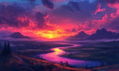 Wall Mural - A breathtaking landscape with a vibrant, colorful sky and a winding river illuminated by the setting sun