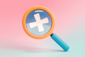Leinwandbilder - A cartoon magnifying glass with a plus sign inside  on a pastel background