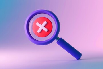 Leinwandbilder - A magnifying glass focuses on a red circle with a white X  symbolizing rejection or error
