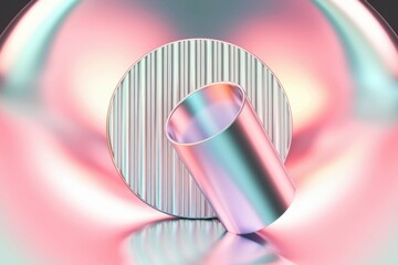Poster - Abstract 3D render of iridescent pink and teal metallic geometric shapes on a glossy background