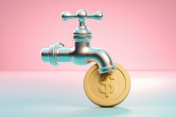 Aufkleber - A 3D render of a faucet dripping onto a gold dollar coin  symbolizing financial loss or leakage