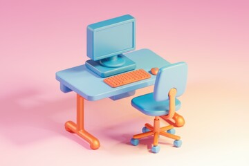 Leinwandbilder - A minimalist 3D render of a pastel blue computer desk with chair