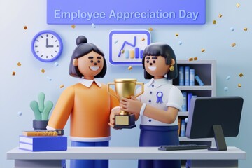 Aufkleber - Two 3D animated women celebrating Employee Appreciation Day with a trophy