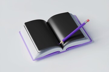 Poster - An open book with black pages and a purple pencil rests on a white background