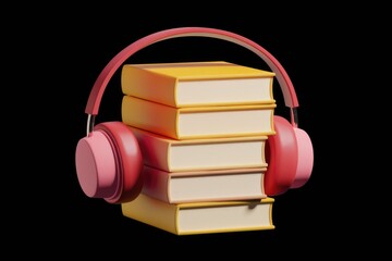 Fototapete - Stack of books with pink headphones  symbolizing audiobooks or educational podcasts