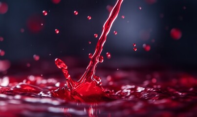 Wall Mural - A close-up of red liquid being poured dramatically, with droplets splashing against a dark background, capturing the motion and vivid color