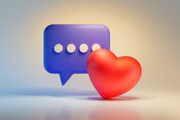 Poster - 3D render of a purple speech bubble with a red heart  symbolizing love and communication