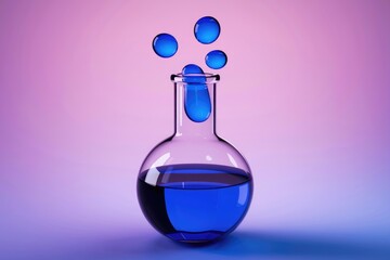 Poster - Blue liquid in a glass flask with blue drops falling into it against a purple background