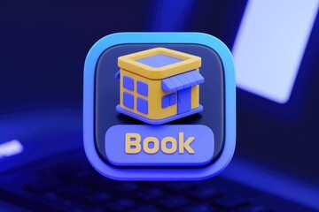 Aufkleber - 3D render of a bookable shop icon  showcasing a small building with a book button