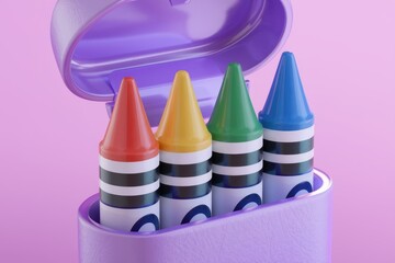 Leinwandbilder - Four crayons of red  yellow  green  and blue in a purple case