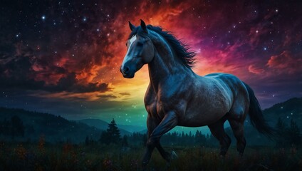 Wall Mural - Magical horse against a colorful night sky, digital art.