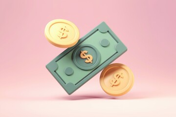 Aufkleber - 3D render of a dollar bill and coins falling on a pink background