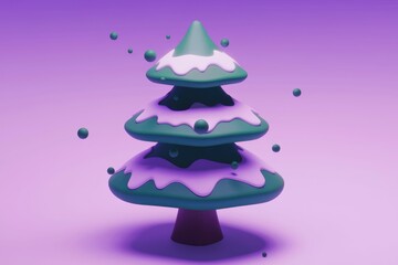 Poster - A charming 3D rendering of a cartoonish Christmas tree adorned with snow and falling ornaments