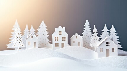 Aufkleber - A charming Christmas village made of delicate paper cuts features quaint houses and pine trees, creating a serene winter atmosphere. Generative AI