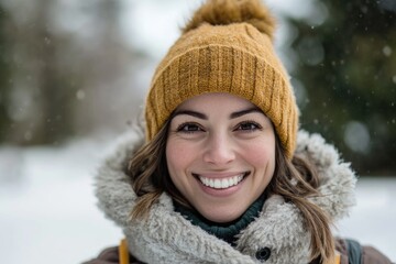 Canvas Print - A smiling woman wearing a yellow hat and scarf, great for use in travel or outdoor theme images