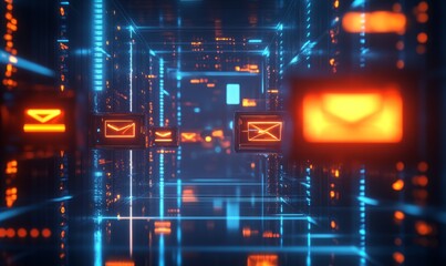 Glowing digital mailboxes representing communication in a tech environment. Email Marketing concept