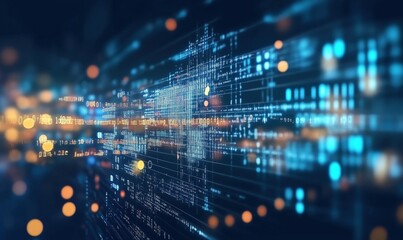 Digital data flow visualization, abstract technology background, glowing lines and dots, futuristic design, blue and orange colors