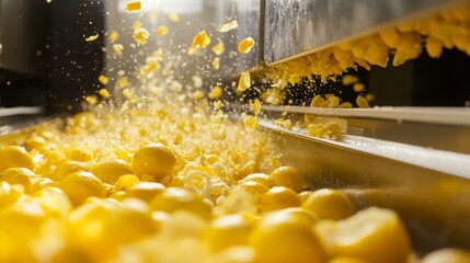 Leinwandbilder - Sliced lemons tumble down a conveyor belt in a juice processing facility.