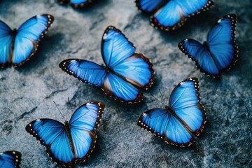 Sticker - A group of blue butterflies perched on top of a rocky outcropping, showcasing their vibrant colors and delicate wings