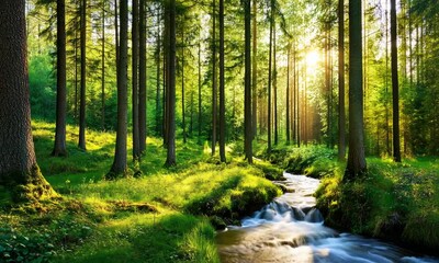 Wall Mural - A serene forest scene bathed in sunlight, featuring tall trees, lush greenery, and a gentle stream flowing through the landscape.