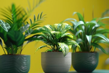 Wall Mural - Three small potted plants sitting on a table in front of a bright yellow wall, great for interior design or nature-inspired concepts