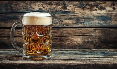 Traditional Beer Stein: A traditional beer stein filled with beer, placed on a rustic wooden table, emphasizing the cultural aspect of beer consumption