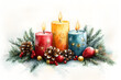 © AnaWein - Three colorful burning candles with decoration for german advent season. Christmas watercolor illustration of candle wreath with fir tree branches, cones and berries.