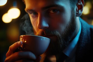 A person sipping coffee while having a beard, possibly for morning routine or relaxation